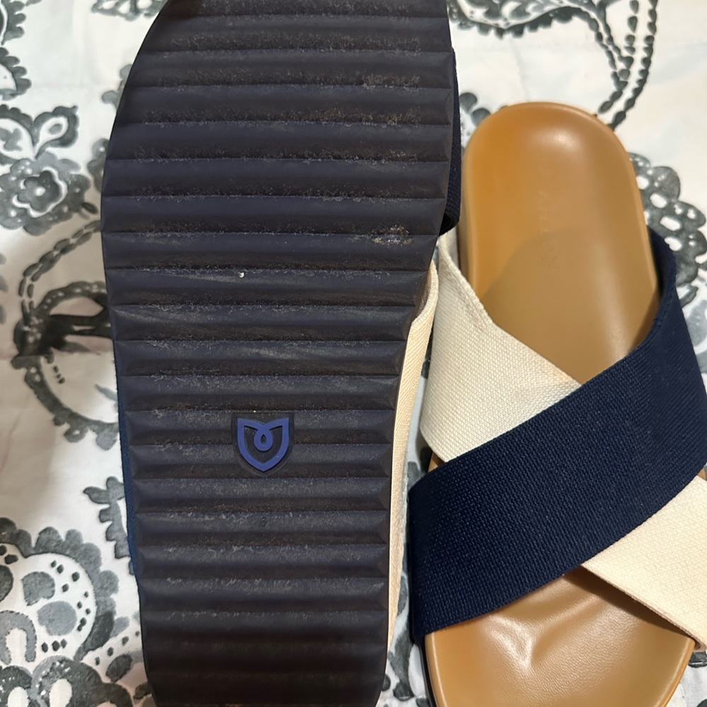 Rothy's Navy and Cream Crossband Slide Sandals - Picture 3 of 5
